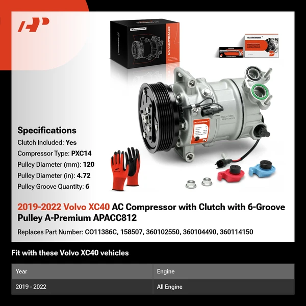2019-2022 Volvo XC40 AC Compressor with Clutch with 6-Groove Pulley A-Premium APACC812