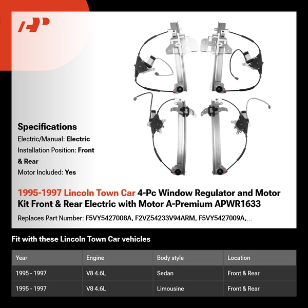 1995-1997 Lincoln Town Car 4-Pc Window Regulator and Motor Kit Front & Rear Electric with Motor A-Premium APWR1633
