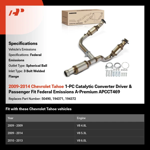 2009-2014 Chevrolet Tahoe 1-PC Catalytic Converter Driver & Passenger Fit Federal Emissions A-Premium APCCT469