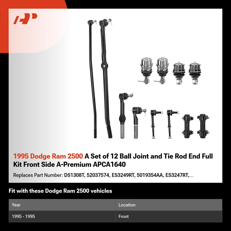 1995 Dodge Ram 2500 A Set of 12 Ball Joint and Tie Rod End Full Kit Front Side A-Premium APCA1640