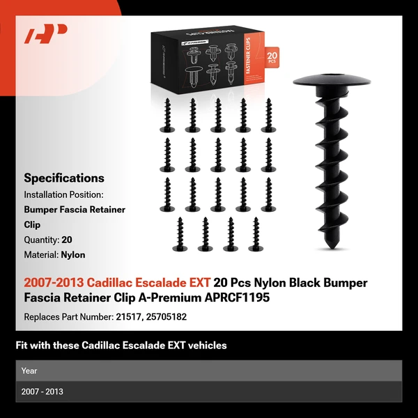 2007-2013 Cadillac Escalade EXT 20 Pcs Nylon Black Bumper Fascia Retainer Clip A-Premium APRCF1195