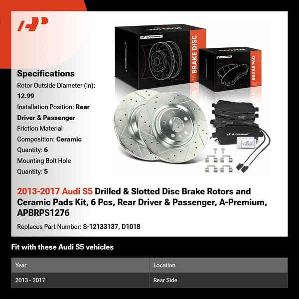 2013-2017 Audi S5 Drilled & Slotted Disc Brake Rotors and Ceramic Pads Kit, 6 Pcs, Rear Driver & Passenger, A-Premium, APBRPS1276