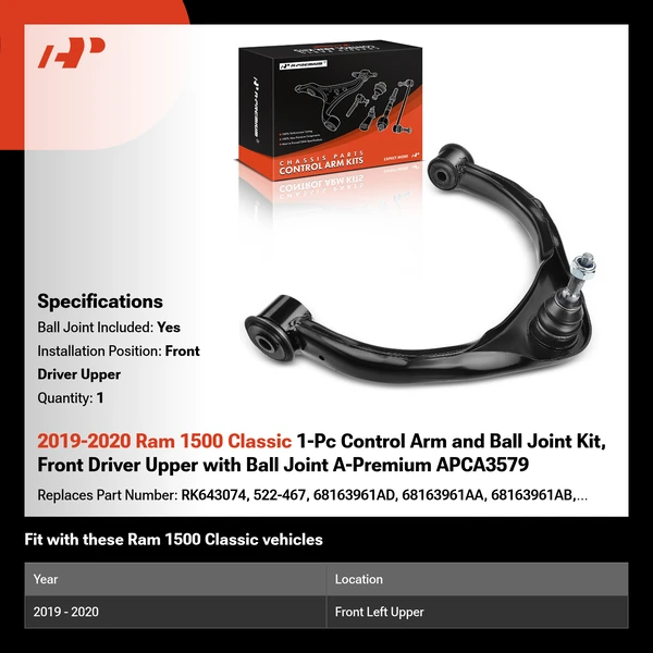2019-2020 Ram 1500 Classic 1-Pc Control Arm and Ball Joint Kit, Front Driver Upper with Ball Joint A-Premium APCA3579