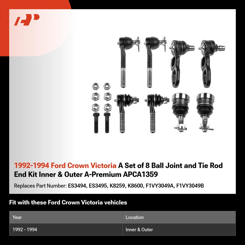 1992-1994 Ford Crown Victoria A Set of 8 Ball Joint and Tie Rod End Kit Inner & Outer A-Premium APCA1359