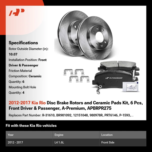 2012-2017 Kia Rio Disc Brake Rotors and Ceramic Pads Kit, 6 Pcs, Front Driver & Passenger, A-Premium, APBRPR275