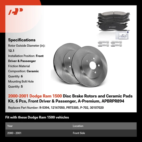 2000-2001 Dodge Ram 1500 Disc Brake Rotors and Ceramic Pads Kit, 6 Pcs, Front Driver & Passenger, A-Premium, APBRPR894