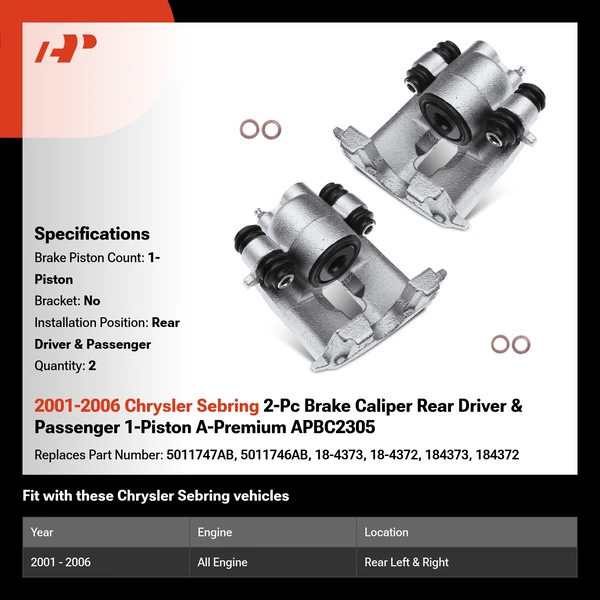 2001-2006 Chrysler Sebring 2-Pc Brake Caliper Rear Driver & Passenger 1-Piston A-Premium APBC2305