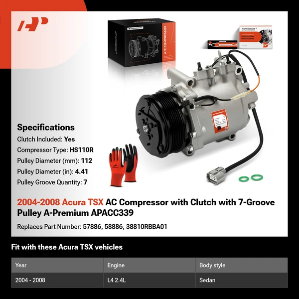 2004-2008 Acura TSX AC Compressor with Clutch with 7-Groove Pulley A-Premium APACC339