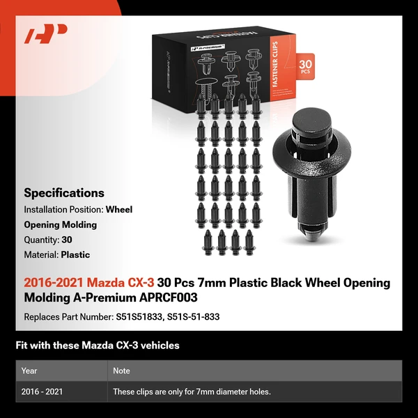 2016-2021 Mazda CX-3 30 Pcs 7mm Plastic Black Wheel Opening Molding A-Premium APRCF003
