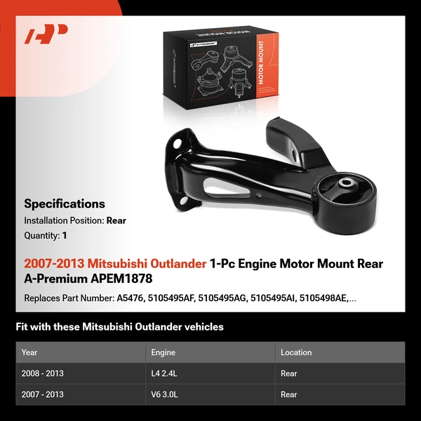 2007-2013 Mitsubishi Outlander 1-Pc Engine Motor Mount Rear A-Premium APEM1878