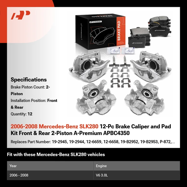 2006-2008 Mercedes-Benz SLK280 12-Pc Brake Caliper and Pad Kit Front & Rear 2-Piston A-Premium APBC4350