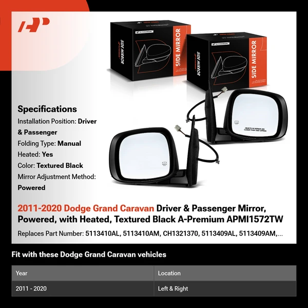 2011-2020 Dodge Grand Caravan Driver & Passenger Mirror, Powered, with Heated, Textured Black A-Premium APMI1572TW