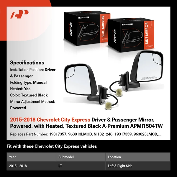 2015-2018 Chevrolet City Express Driver & Passenger Mirror, Powered, with Heated, Textured Black A-Premium APMI1504TW