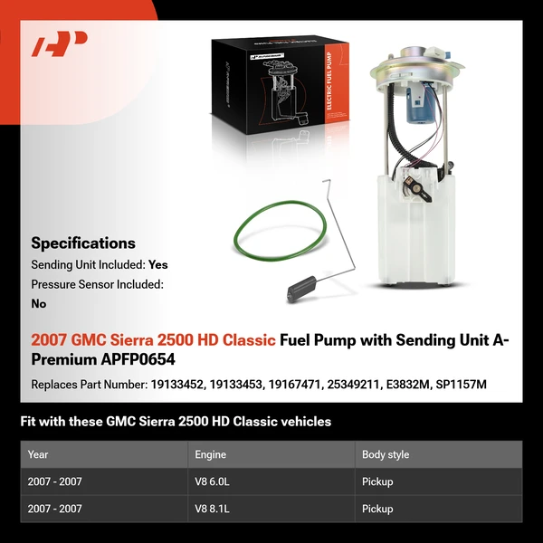2007 GMC Sierra 2500 HD Classic Fuel Pump with Sending Unit A-Premium APFP0654