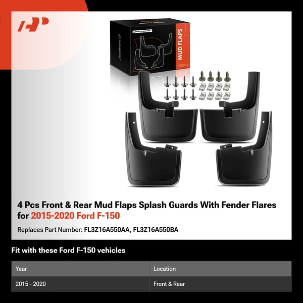 4 Pcs Front & Rear Mud Flaps Splash Guards With Fender Flares for 2015-2020 Ford F-150