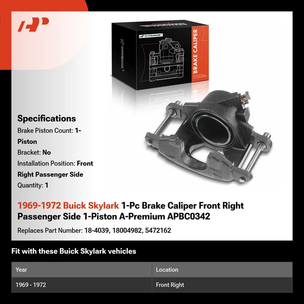 1969-1972 Buick Skylark 1-Pc Brake Caliper Front Right Passenger Side 1-Piston A-Premium APBC0342
