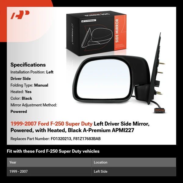 1999-2007 Ford F-250 Super Duty Left Driver Side Mirror, Powered, with Heated, Black A-Premium APMI227