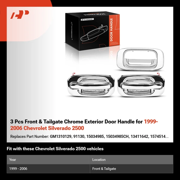 3 Pcs Front & Tailgate Chrome Exterior Door Handle for 1999-2006 Chevrolet Silverado 2500