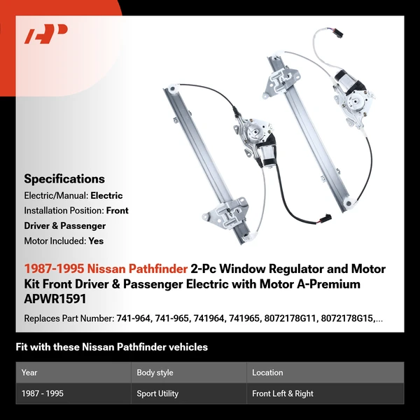 1987-1995 Nissan Pathfinder 2-Pc Window Regulator and Motor Kit Front Driver & Passenger Electric with Motor A-Premium APWR1591