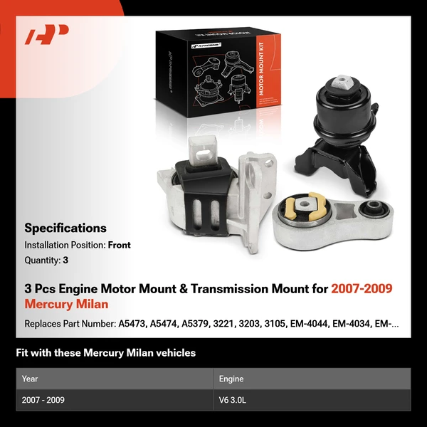 3 Pcs Engine Motor Mount & Transmission Mount for 2007-2009 Mercury Milan