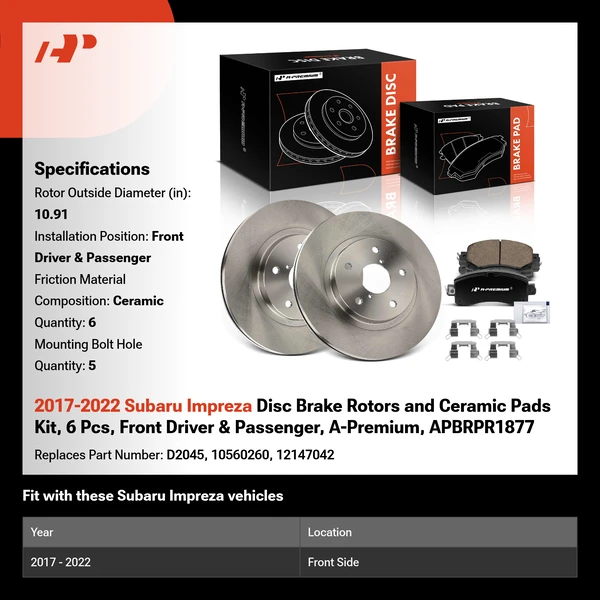 2017-2022 Subaru Impreza Disc Brake Rotors and Ceramic Pads Kit, 6 Pcs, Front Driver & Passenger, A-Premium, APBRPR1877