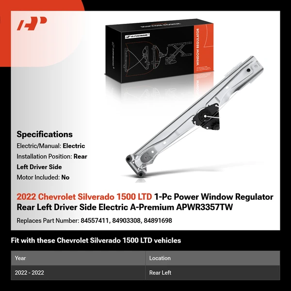 2022 Chevrolet Silverado 1500 LTD 1-Pc Power Window Regulator Rear Left Driver Side Electric A-Premium APWR3357TW