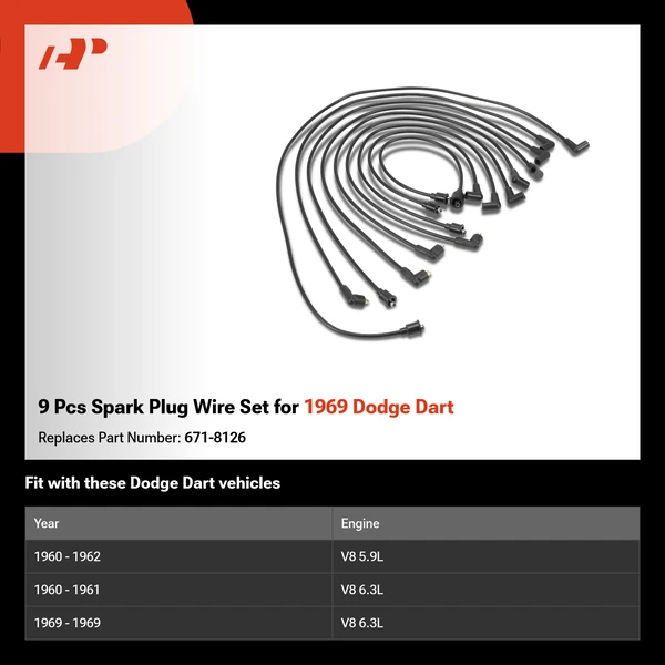 9 Pcs Spark Plug Wire Set for 1969 Dodge Dart