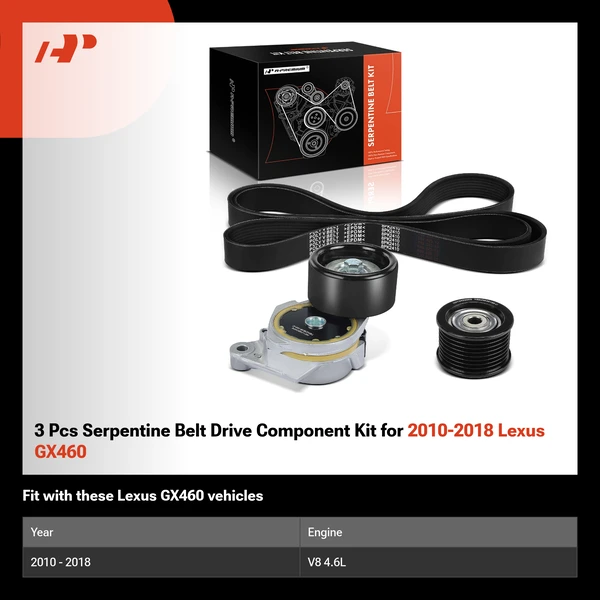 3 Pcs Serpentine Belt Drive Component Kit for 2010-2018 Lexus GX460