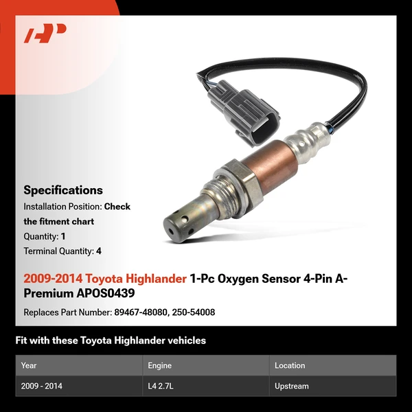 2009-2014 Toyota Highlander 1-Pc Oxygen Sensor 4-Pin A-Premium APOS0439