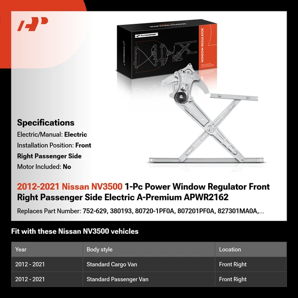 2012-2021 Nissan NV3500 1-Pc Power Window Regulator Front Right Passenger Side Electric A-Premium APWR2162