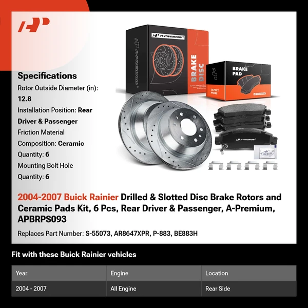 2004-2007 Buick Rainier Drilled & Slotted Disc Brake Rotors and Ceramic Pads Kit, 6 Pcs, Rear Driver & Passenger, A-Premium, APBRPS093