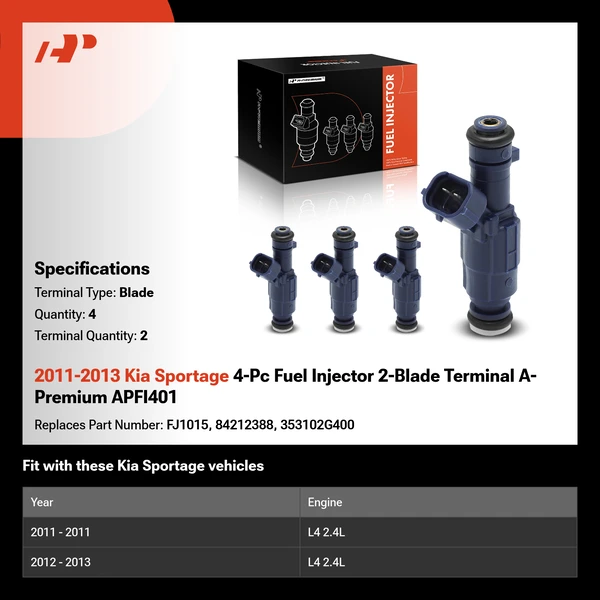 2011-2013 Kia Sportage 4-Pc Fuel Injector 2-Blade Terminal A-Premium APFI401
