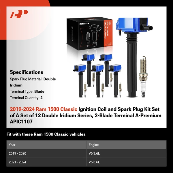 2019-2024 Ram 1500 Classic Ignition Coil and Spark Plug Kit Set of 12 Double Iridium Series, 2-Blade Terminal A-Premium APIC1107