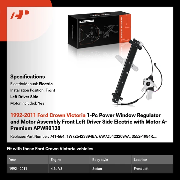 1992-2011 Ford Crown Victoria 1-Pc Power Window Regulator and Motor Assembly Front Left Driver Side Electric with Motor A-Premium APWR0138
