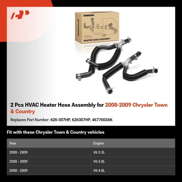 2 Pcs HVAC Heater Hose Assembly for 2008-2009 Chrysler Town & Country