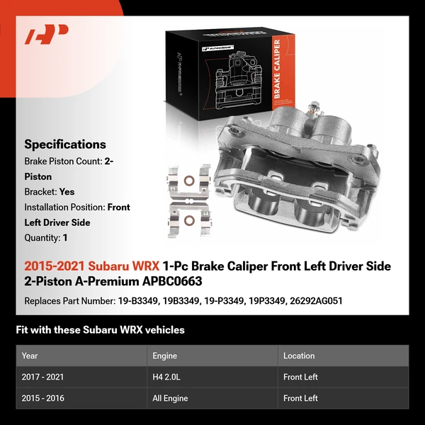 2015-2021 Subaru WRX 1-Pc Brake Caliper Front Left Driver Side 2-Piston A-Premium APBC0663