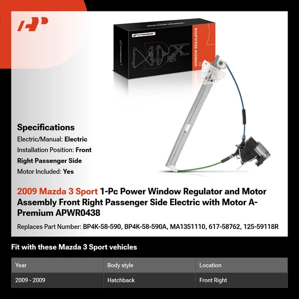 2009 Mazda 3 Sport 1-Pc Power Window Regulator and Motor Assembly Front Right Passenger Side Electric with Motor A-Premium APWR0438