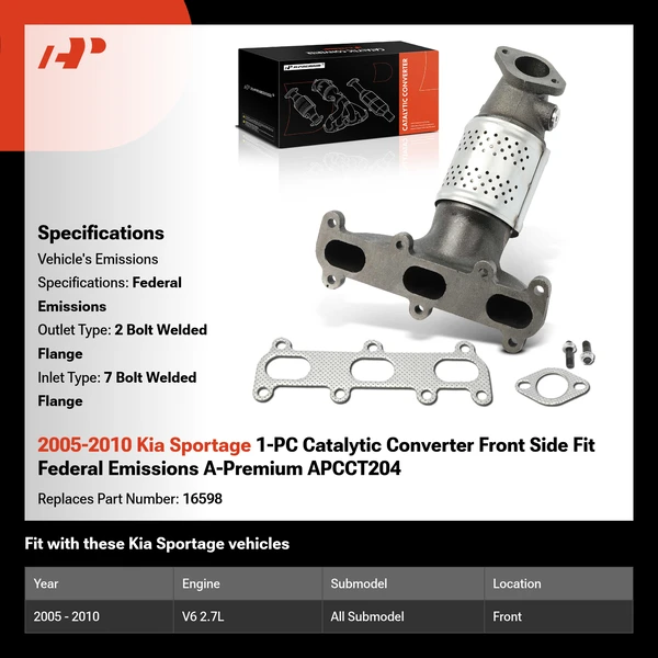2005-2010 Kia Sportage 1-PC Catalytic Converter Front Side Fit Federal Emissions A-Premium APCCT204
