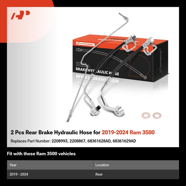2 Pcs Rear Brake Hydraulic Hose for 2019-2024 Ram 3500