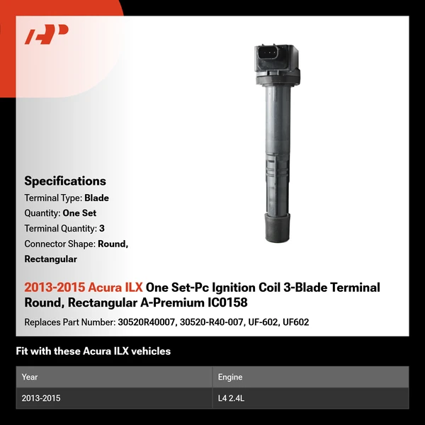 2013-2015 Acura ILX One Set-Pc Ignition Coil 3-Blade Terminal Round, Rectangular A-Premium IC0158
