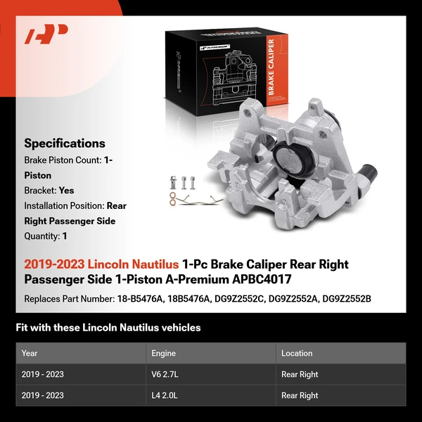 2019-2023 Lincoln Nautilus 1-Pc Brake Caliper Rear Right Passenger Side 1-Piston A-Premium APBC4017