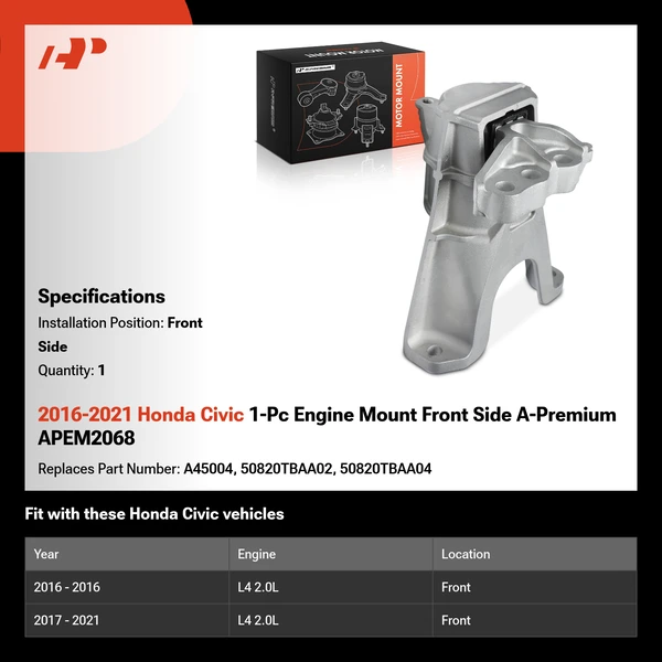2016-2021 Honda Civic 1-Pc Engine Mount Front A-Premium APEM2068