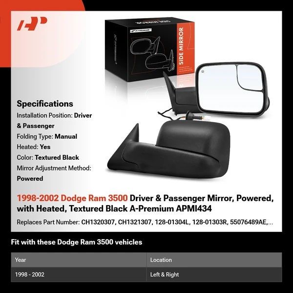 1998-2002 Dodge Ram 3500 Driver & Passenger Mirror, Powered, with Heated, Textured Black A-Premium APMI434