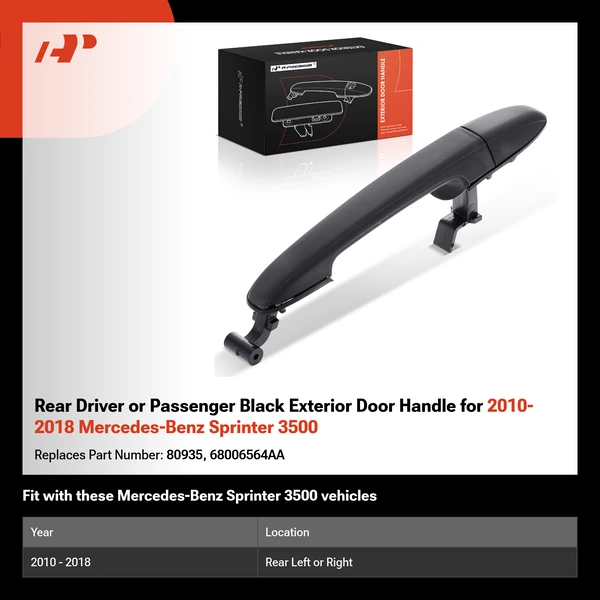 Rear Driver or Passenger Black Exterior Door Handle for 2010-2018 Mercedes-Benz Sprinter 3500
