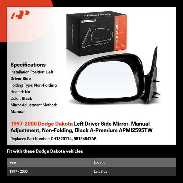 1997-2000 Dodge Dakota Left Driver Side Mirror, Manual Adjustment, Non-Folding, Black A-Premium APMI2595TW