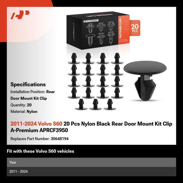 2011-2024 Volvo S60 20 Pcs Nylon Black Rear Door Mount Kit Clip A-Premium APRCF3950