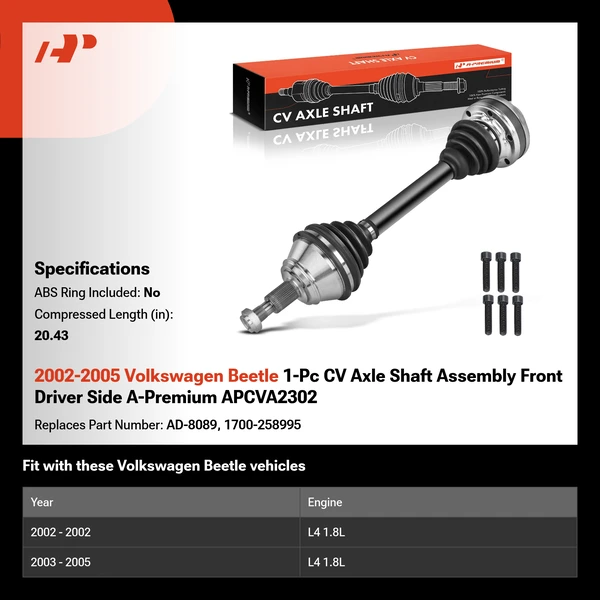 2002-2005 Volkswagen Beetle 1-Pc CV Axle Shaft Assembly Front Driver Side A-Premium APCVA2302