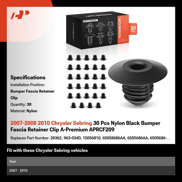 2007-2008 2010 Chrysler Sebring 30 Pcs Nylon Black Bumper Fascia Retainer Clip A-Premium APRCF209