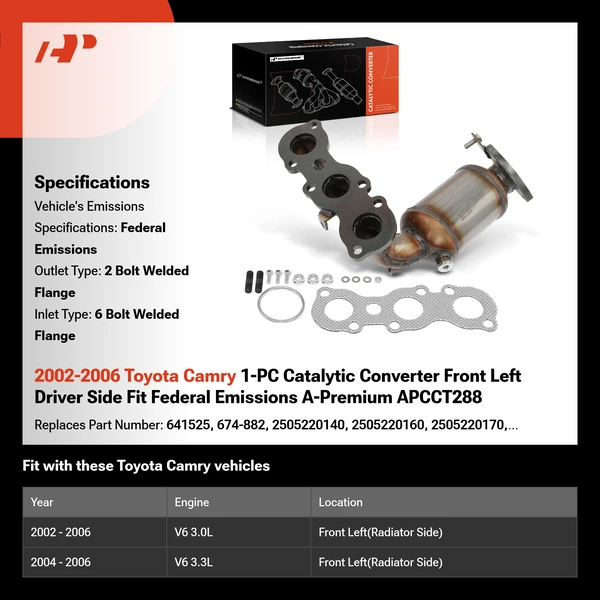 2002-2006 Toyota Camry 1-PC Catalytic Converter Front Left Driver Side Fit Federal Emissions A-Premium APCCT288