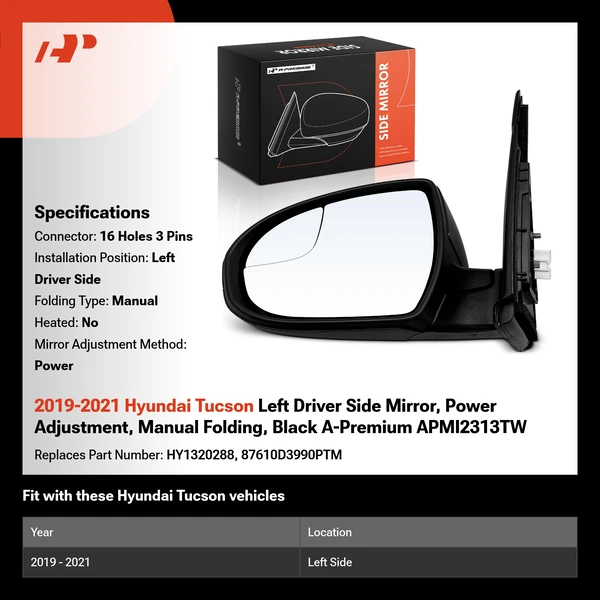 2019-2021 Hyundai Tucson Left Driver Side Mirror, Power Adjustment, Manual Folding, Black A-Premium APMI2313TW